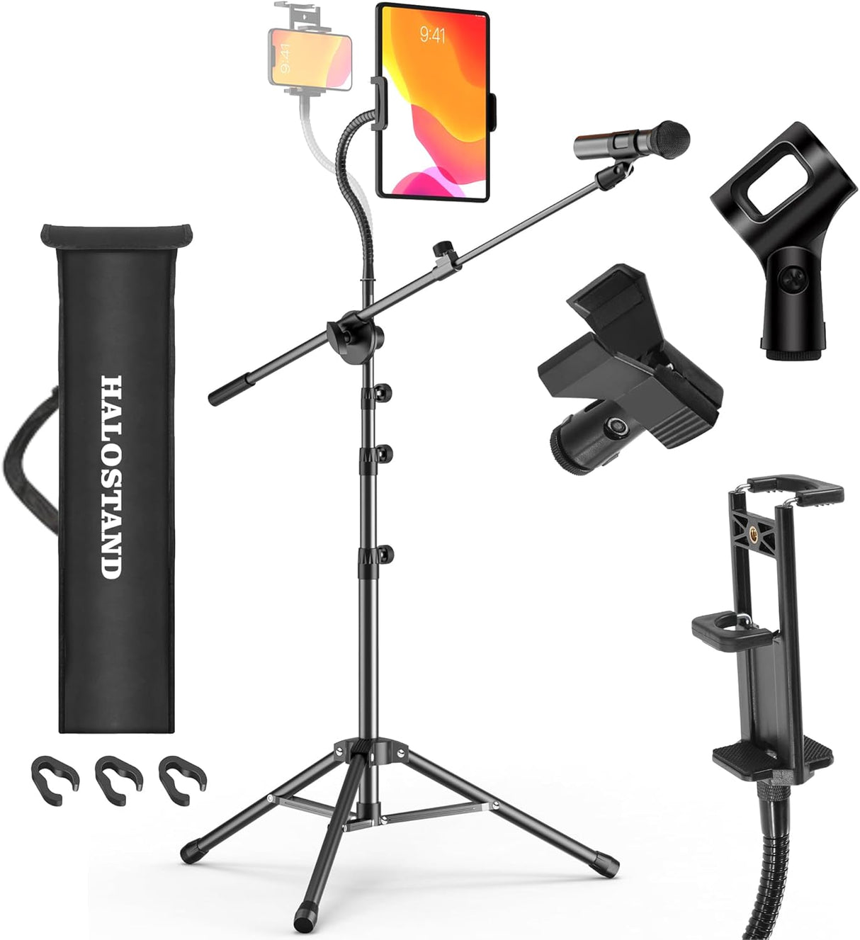 Soporte de micrófono con clip para iPad, tripié, portátil