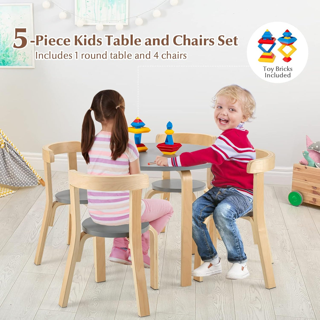 Mesa de actividades de madera de 5 piezas con 4 sillas