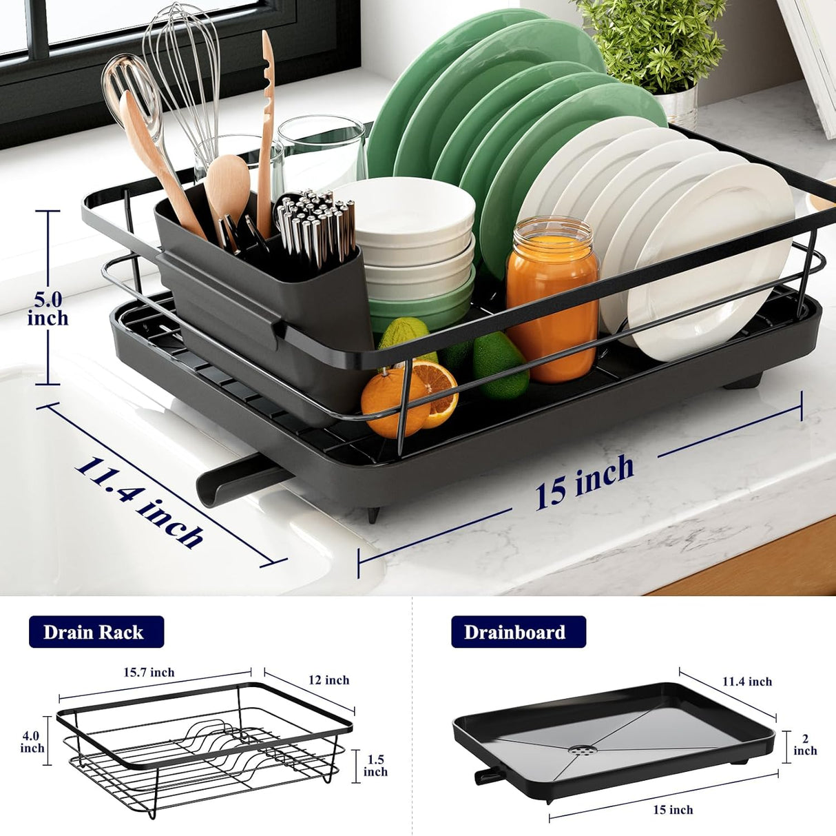 Escurridor de platos de acero inoxidable para cocina, 12"x15