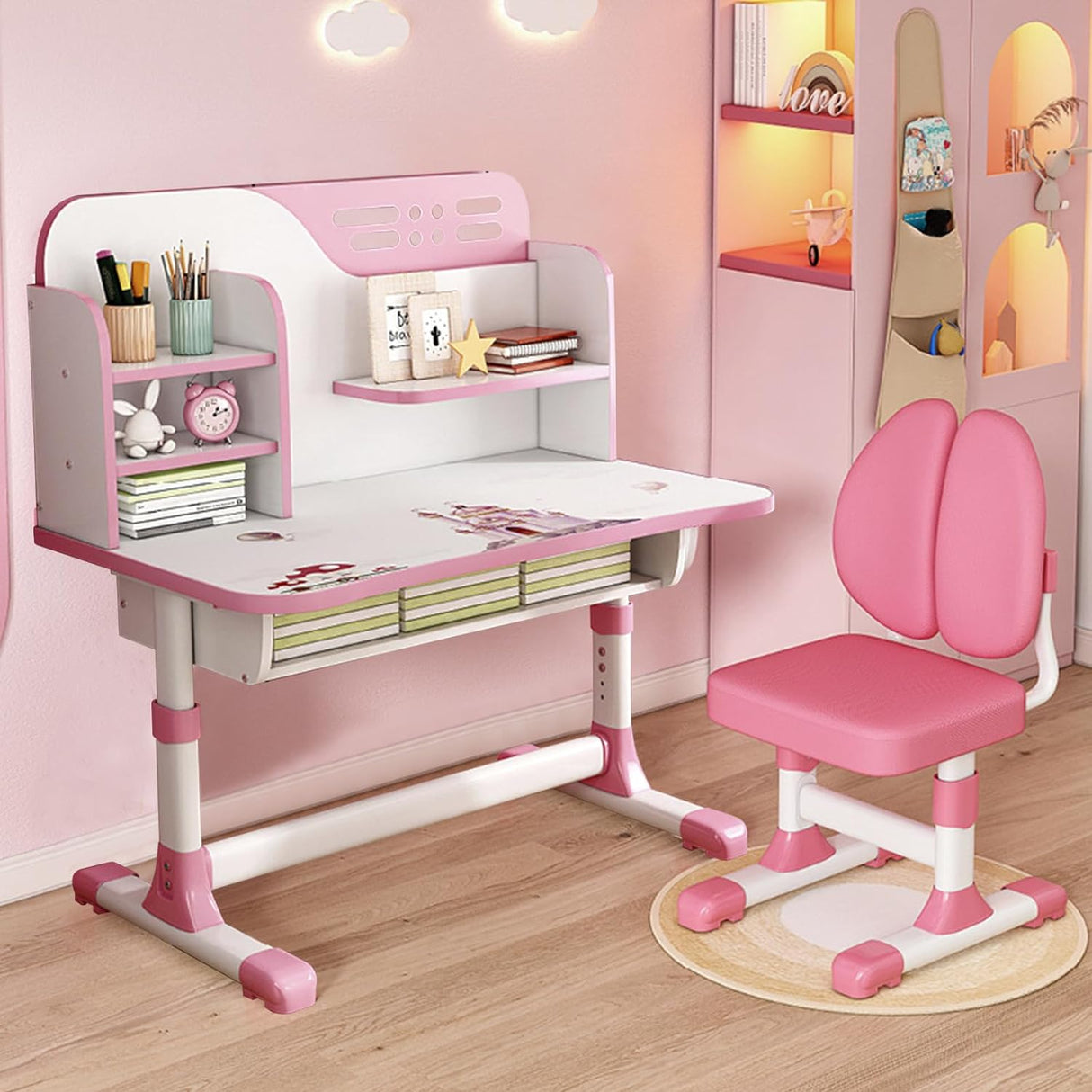 Escritorio y Silla Infantil Ajustable con Cajón de Almacenaje