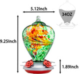 Muse Garden - Comedero para colibríes para exteriores vidrio soplado a mano, 34 onzas, foso de hormigas incluido, Peacock