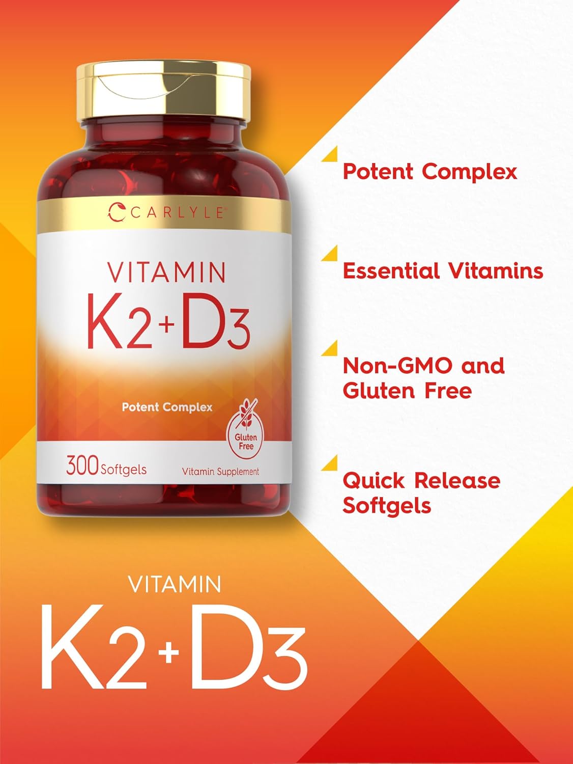 Suplemento de Vitamina K2 y D3 Carlyle, 300 Softgels, 200mcg K2