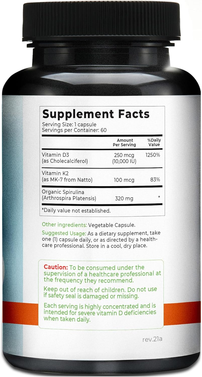 Natural Vitamina D3 K2 (MK-7) con Espirulina Orgánica 10,000 IU