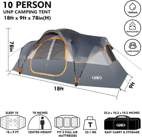 Carpa Familiar UNP 10 Personas, Doble Capa, Impermeable, 2 Habitaciones