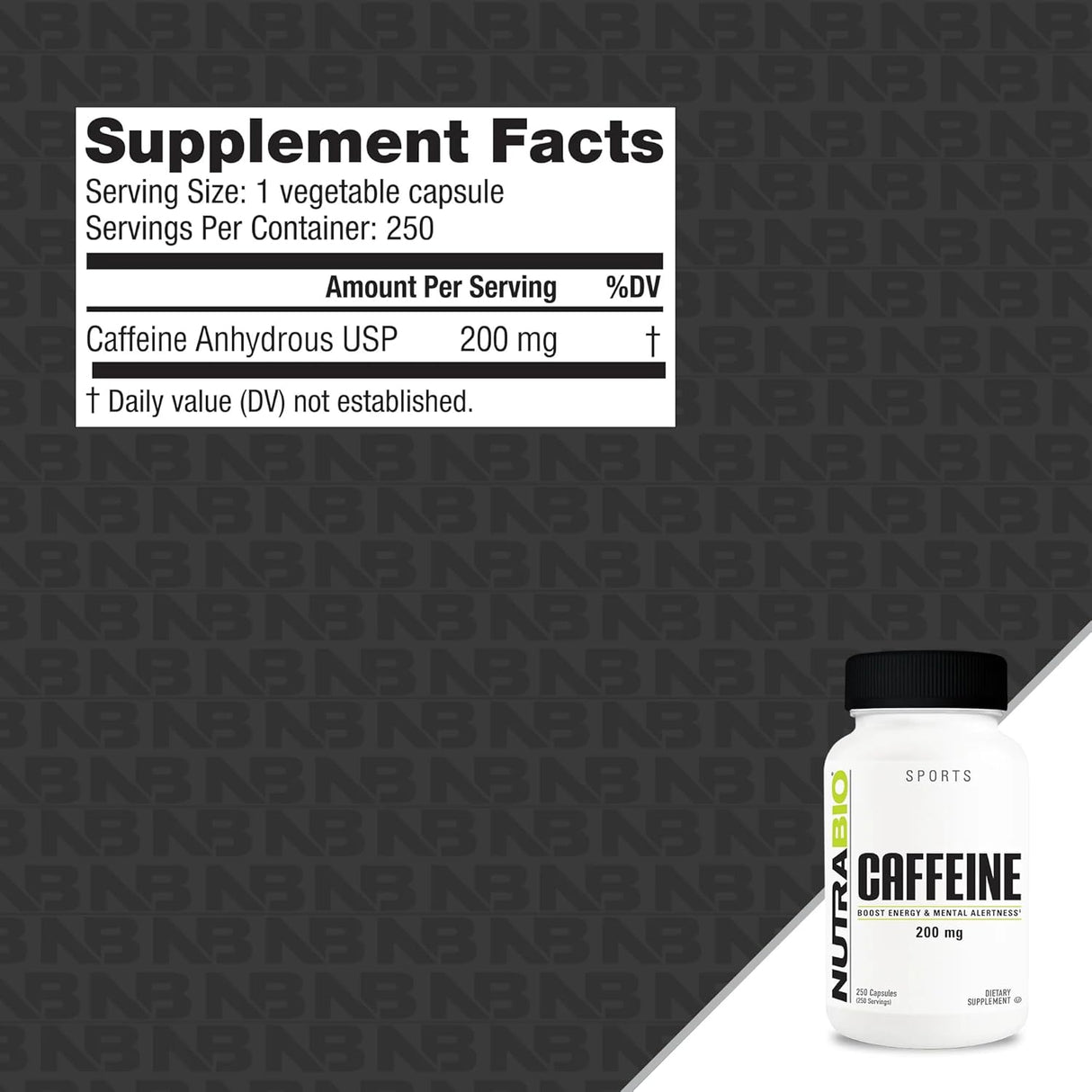 Cápsulas de cafeína pura NutraBio 250 unidades