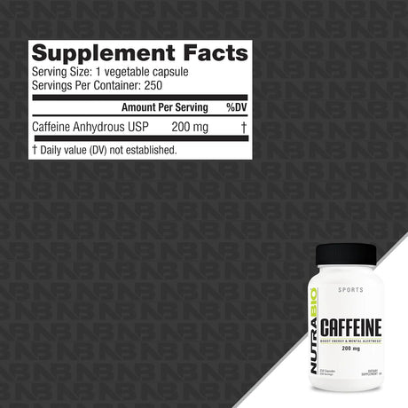 Cápsulas de cafeína pura NutraBio 250 unidades