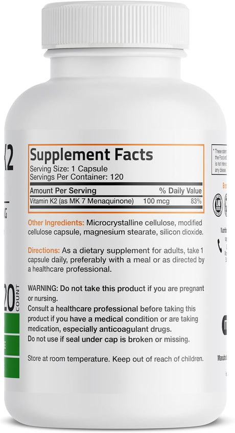 Suplemento de Vitamina K2 MK-7 100 mcg Bronson 120 Cápsulas