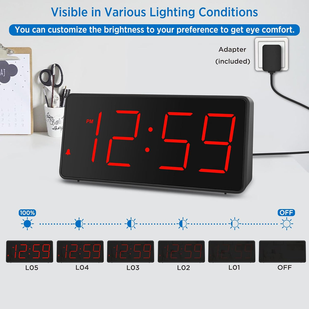 Reloj Digital con Alarma, Números Grandes, Carga USB, Modelo Peakeep