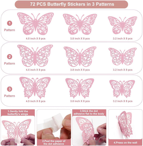 Decoración de mariposas 3D 72 Pcs Crosize para habitaciones