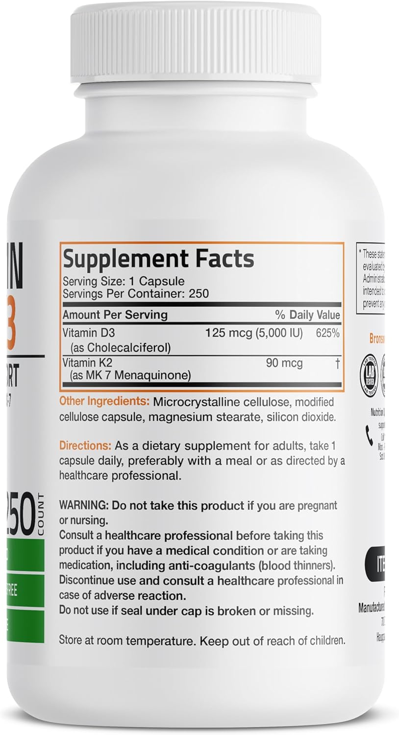 Suplemento de Vitamina K2 y D3, Bronson, 5000 IU, 250 Cápsulas