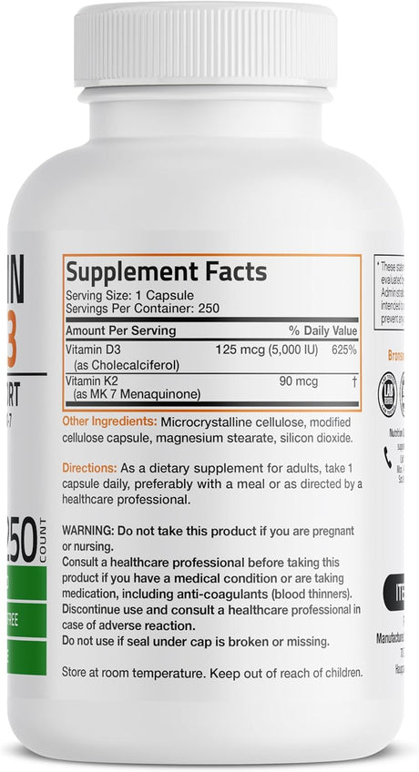 Suplemento de Vitamina K2 y D3, Bronson, 5000 IU, 250 Cápsulas