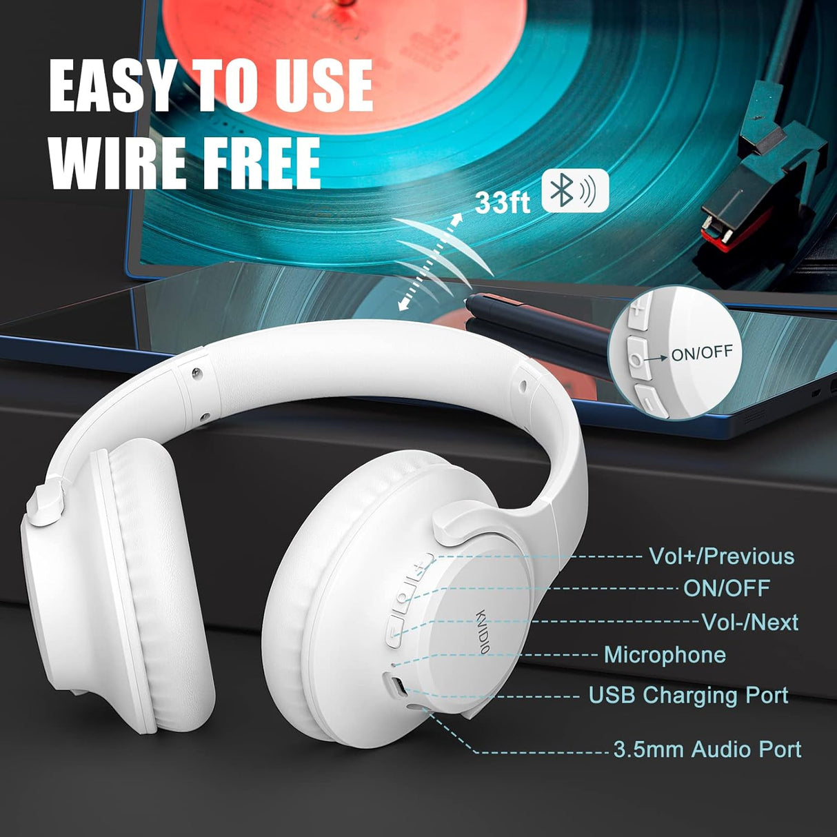 Auriculares KVIDIO Bluetooth, 65h Autonomía, Sonido HiFi
