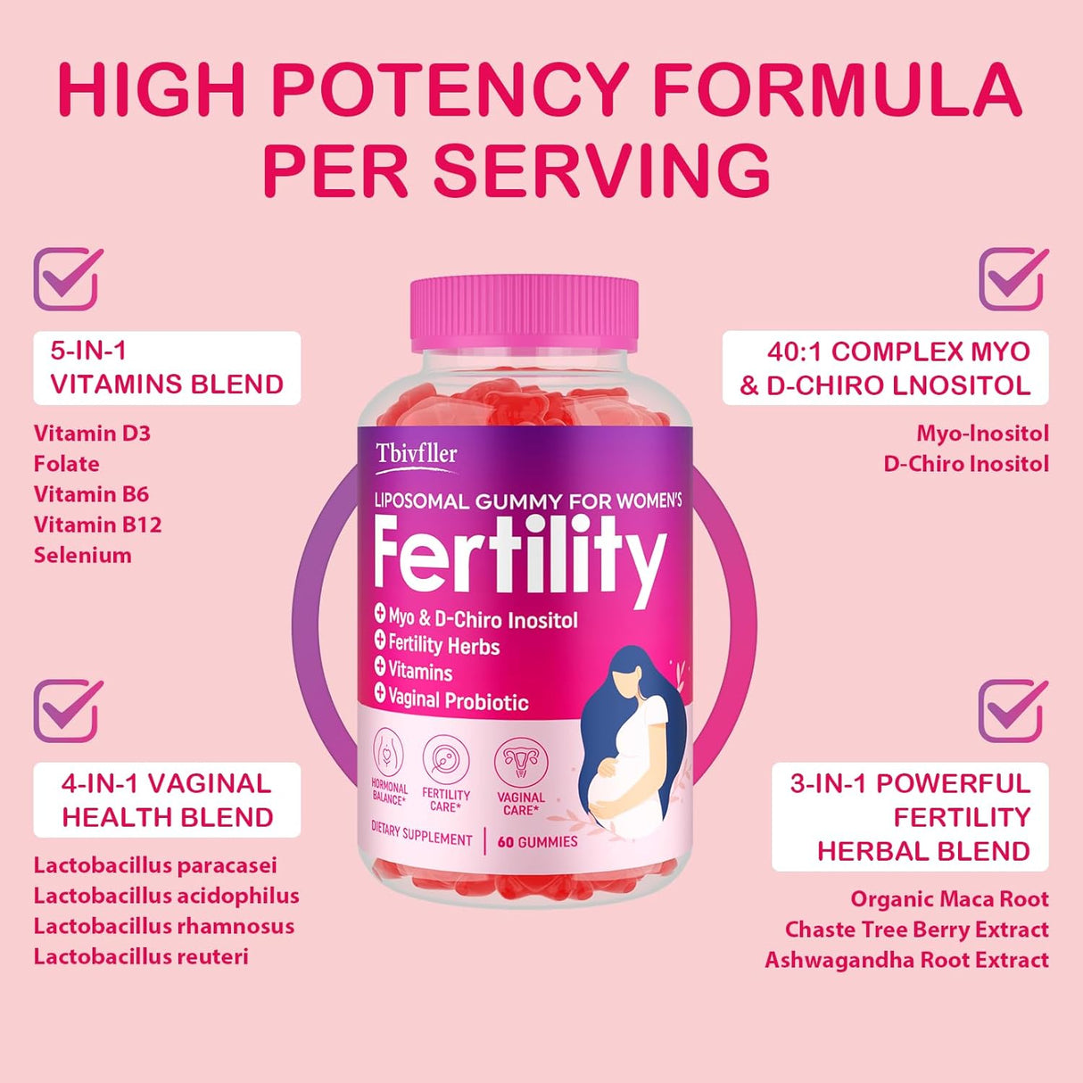Suplemento de Fertilidad para Mujeres, 60 Gummies, con Inositol, Folato