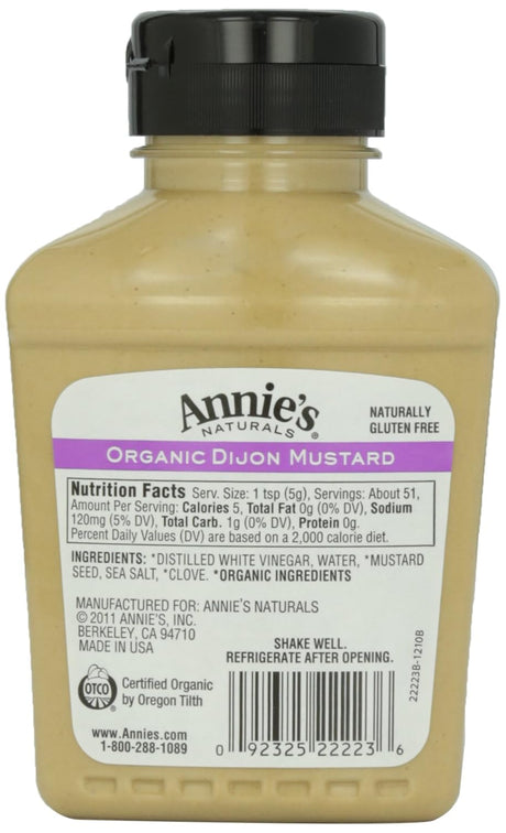 Mostaza Dijon Orgánica Annie's Naturals, 9 oz sin gluten