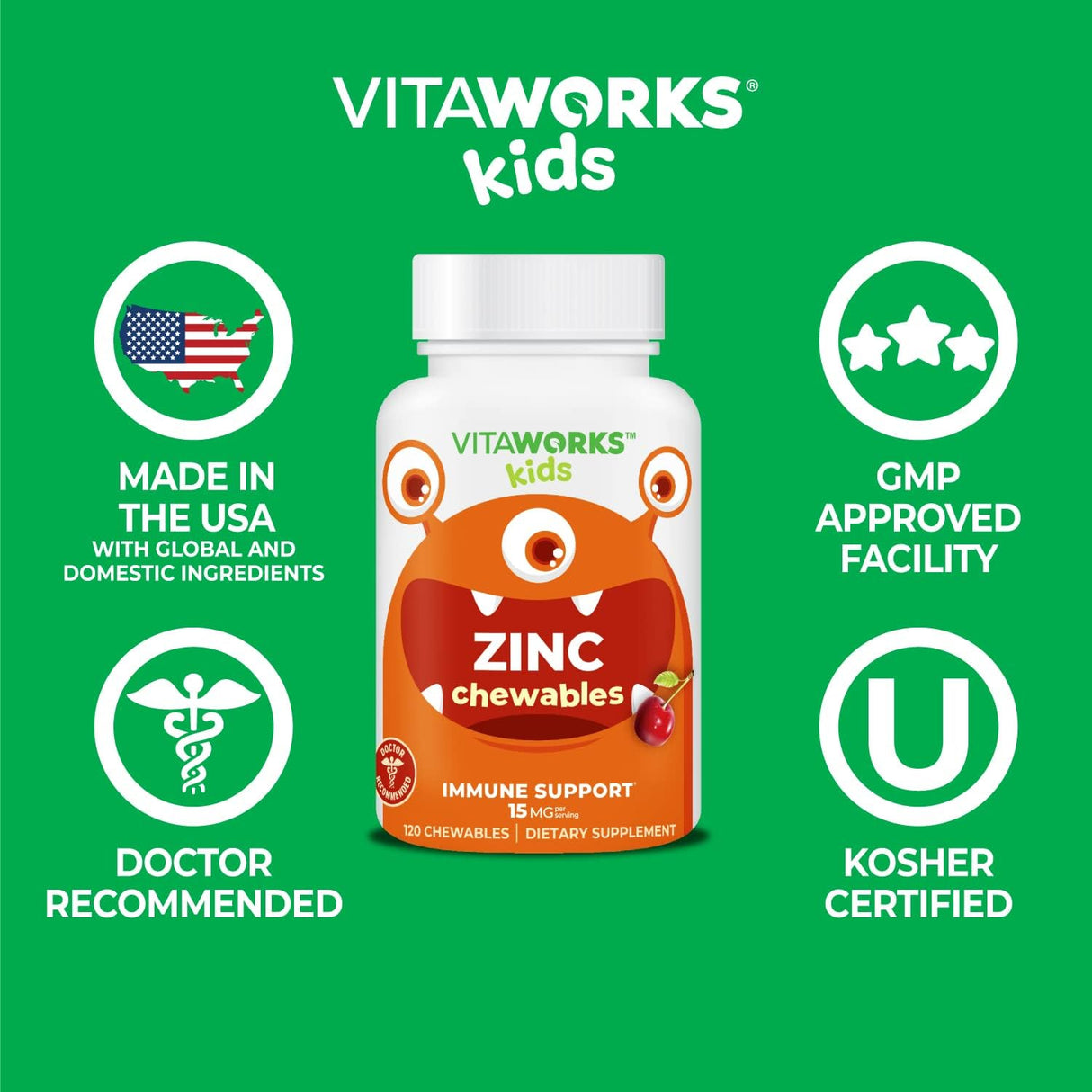 VitaWorks Tabletas masticables de zinc para niños, 15 mg, sabor natural a cereza, veganas, vegetarianas, sin OMG, sin gluten, vitaminas sin nueces, suplemento dietético para apoyo inmunológico, para niños, 120 masticables