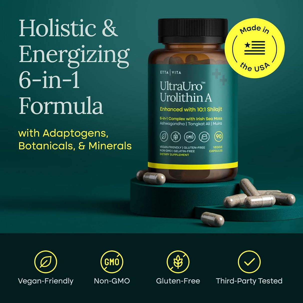 Complejo Antienvejecimiento Urolithin-A con Shilajit, 90 Cápsulas