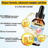 Vitamin B12 Líquido Sublingual 10,000mcg, D3, B9, Calcio, Vegano