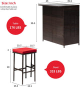 FDW Juego de muebles de mimbre para exteriores, juego de 3 piezas de bar para patio con dos taburetes para patio, balcón, cojín rojo