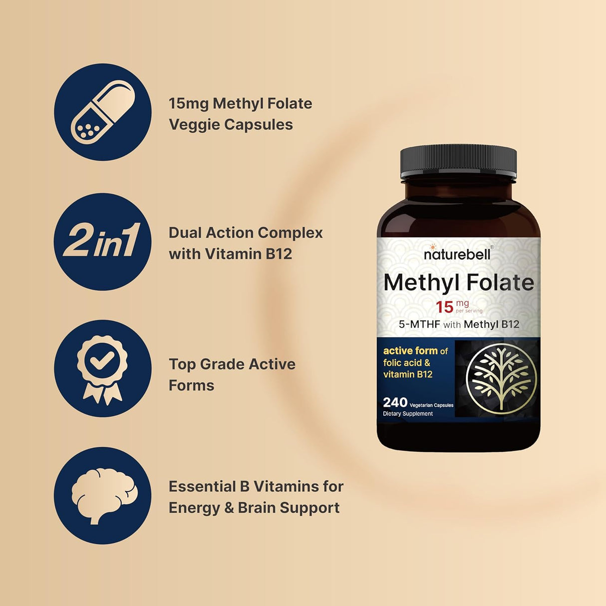Suplemento NatureBell L Metilfolato 15 mg (5-MTHF)  180 cáp
