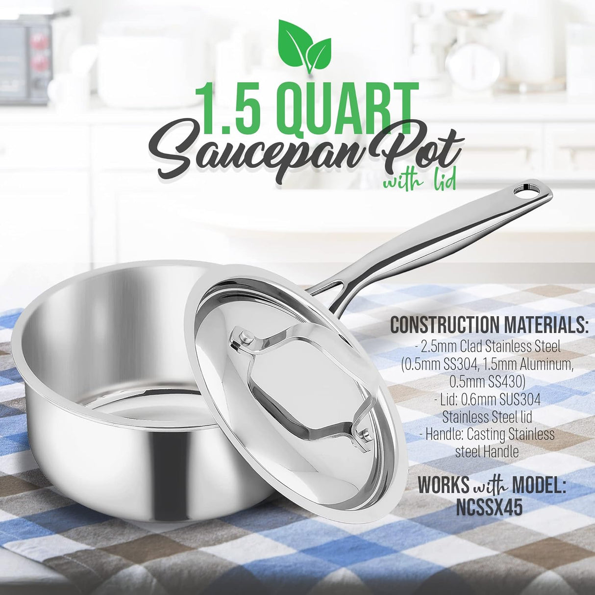 Olla con tapa de acero inoxidable NutriChef ACNCSSX45SAU15