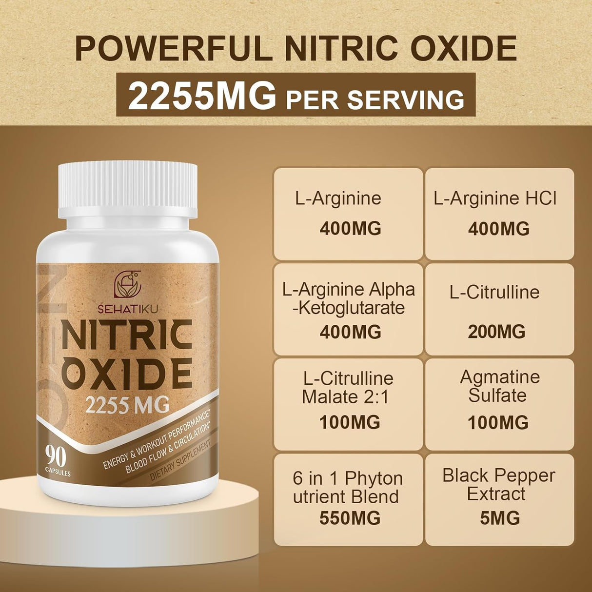 Suplemento de óxido nítrico de 2255 mg  para corazón, 90 cáp
