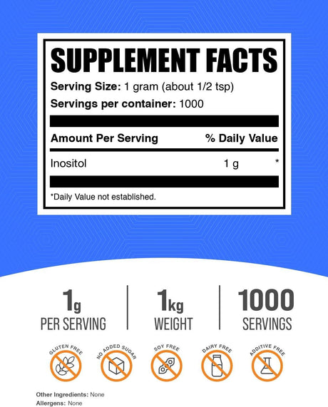 Inositol en polvo BulkSupplements, B8, 1kg, sin gluten