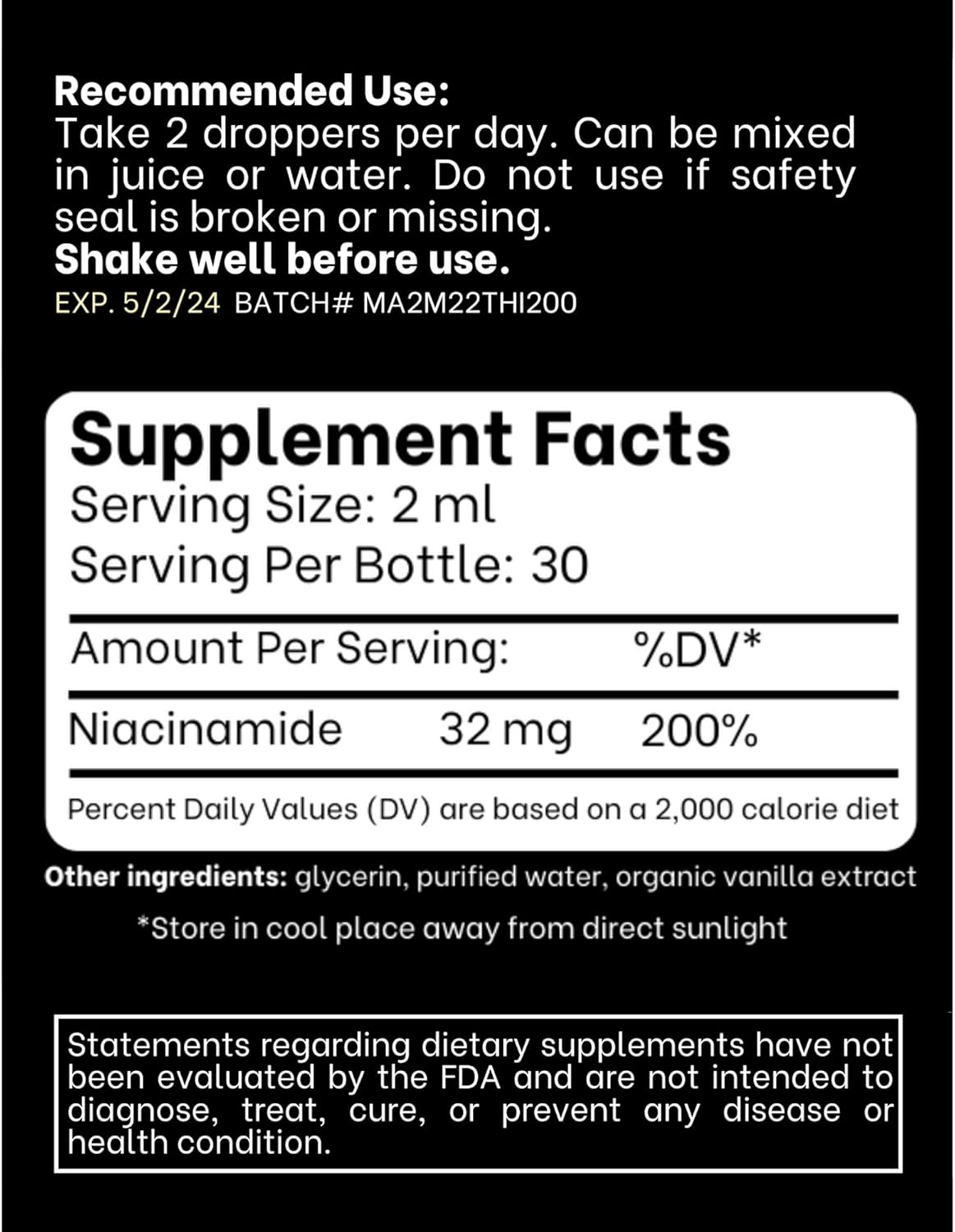 Suplemento líquido de vitamina B3  como niacinamida 120ml