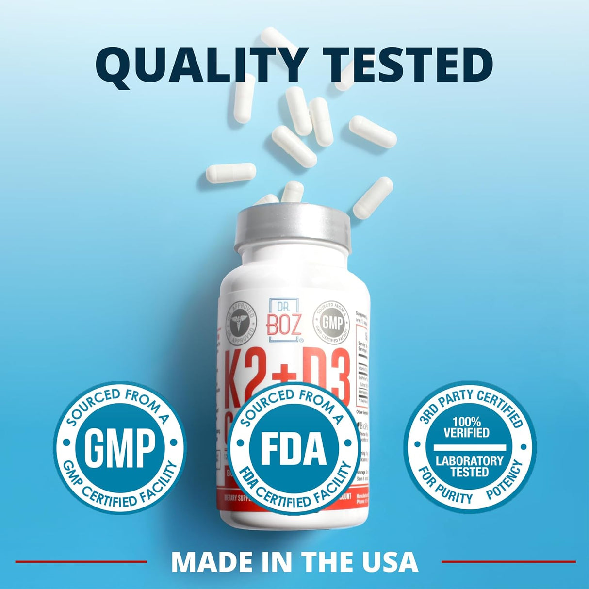 Dr. Boz K2+D3 Cápsulas, Salud Ósea y Cardíaca, 66 Serv.