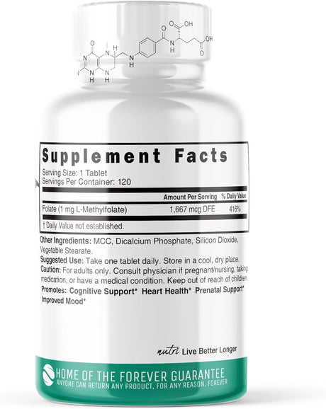 Suplemento Nutri 5-MTHF L Metilfolato 1MG  120 tabletas