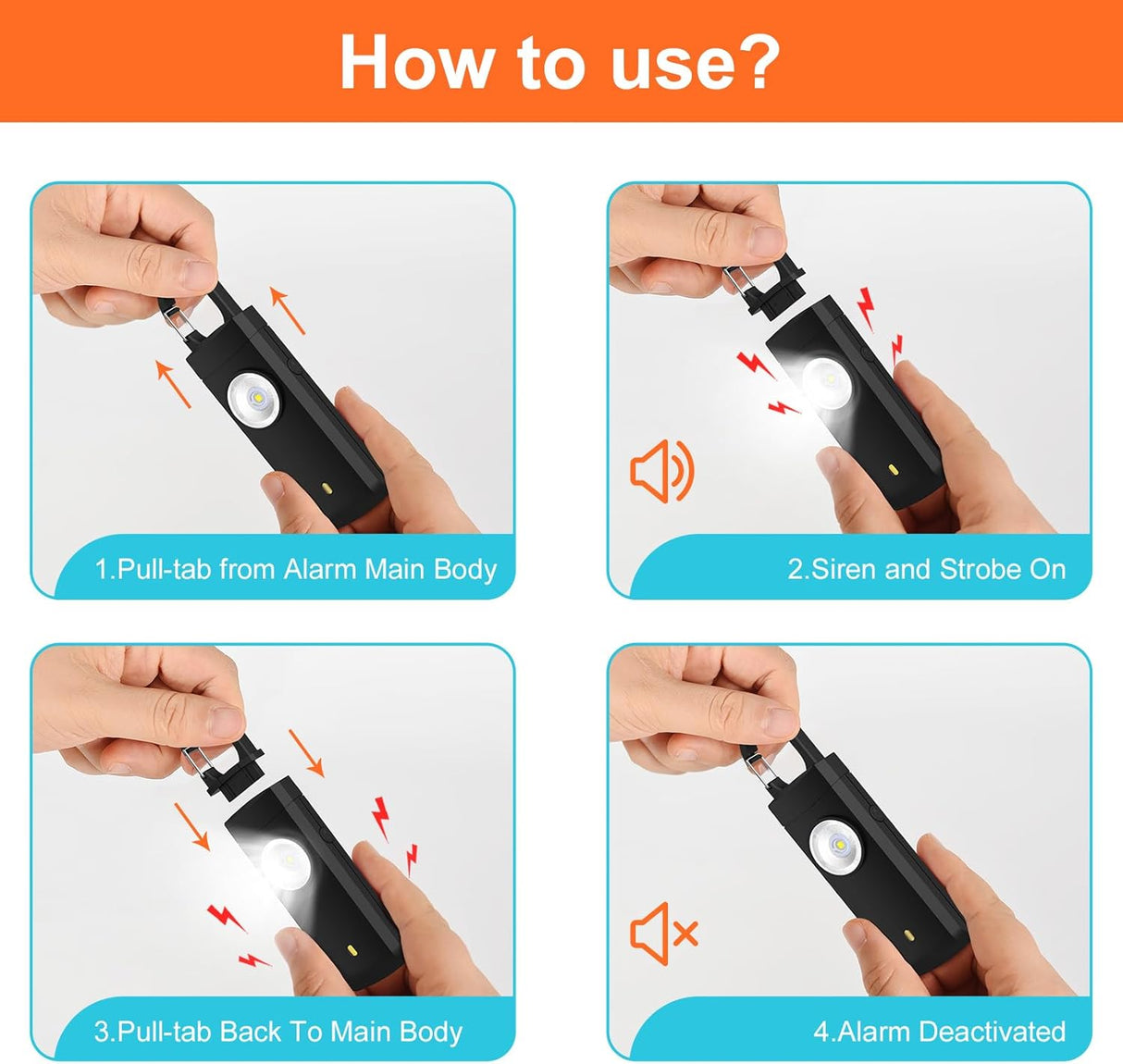 Self Defense USB Alarm, 130 dB Siren, LED Strobe, Keychain