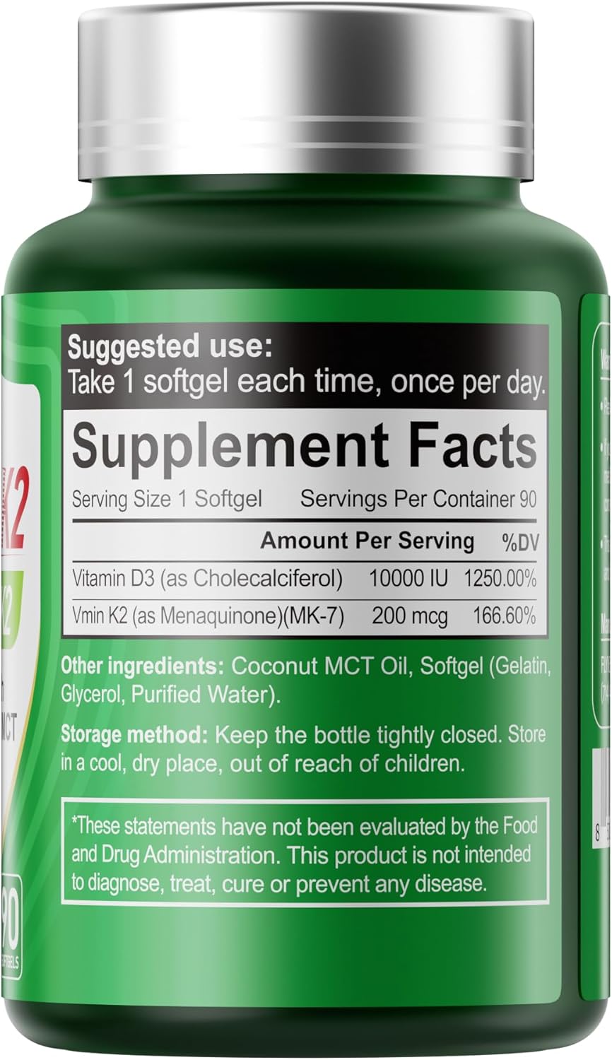 Suplemento Vitamina D3 K2 10000 IU + K2 200 mcg 90 cápsulas