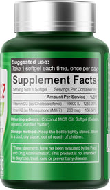 Suplemento Vitamina D3 K2 10000 IU + K2 200 mcg 90 cápsulas
