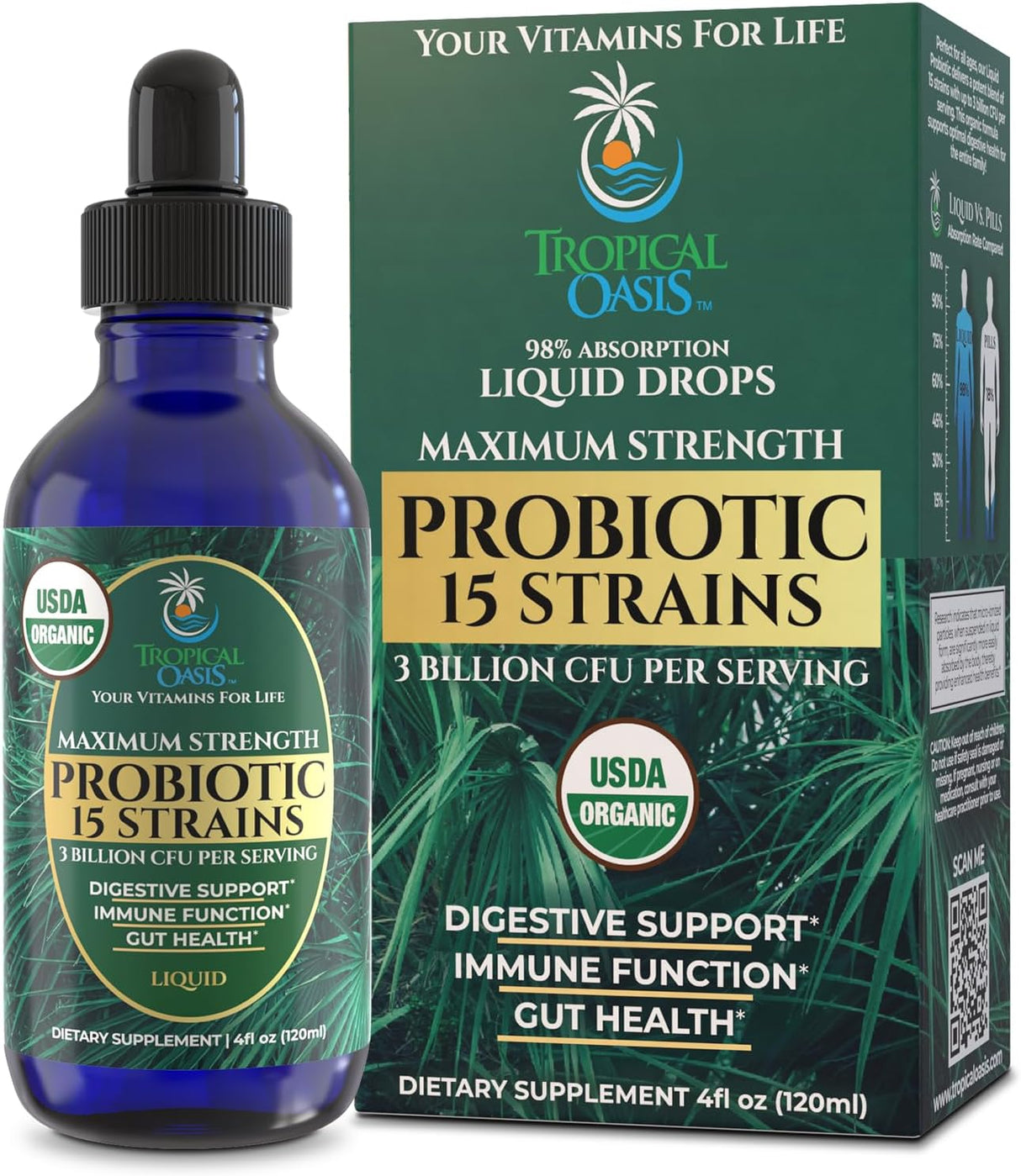 Probióticos Líquidos Orgánicos USDA de 15 Cepas, Max Absorción, 40Serv