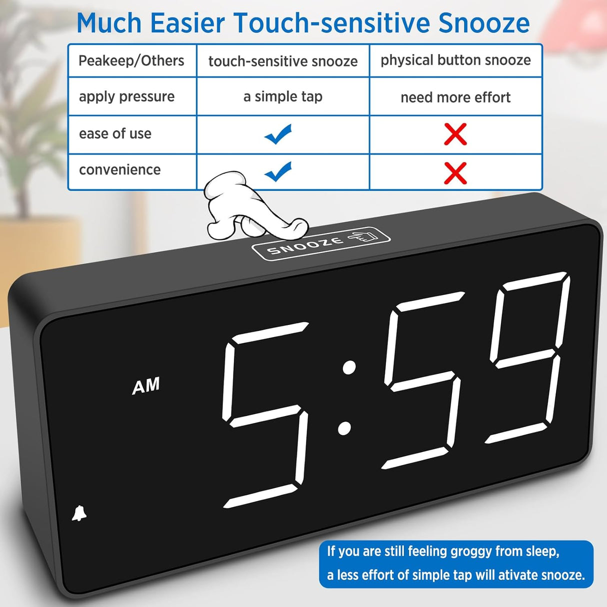 Reloj despertador digital con grandes números y USB, modelo para dormir profundamente