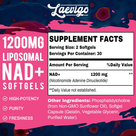 Suplemento liposomal NAD+ de 1200 mg  ultra pureza 60 cáp