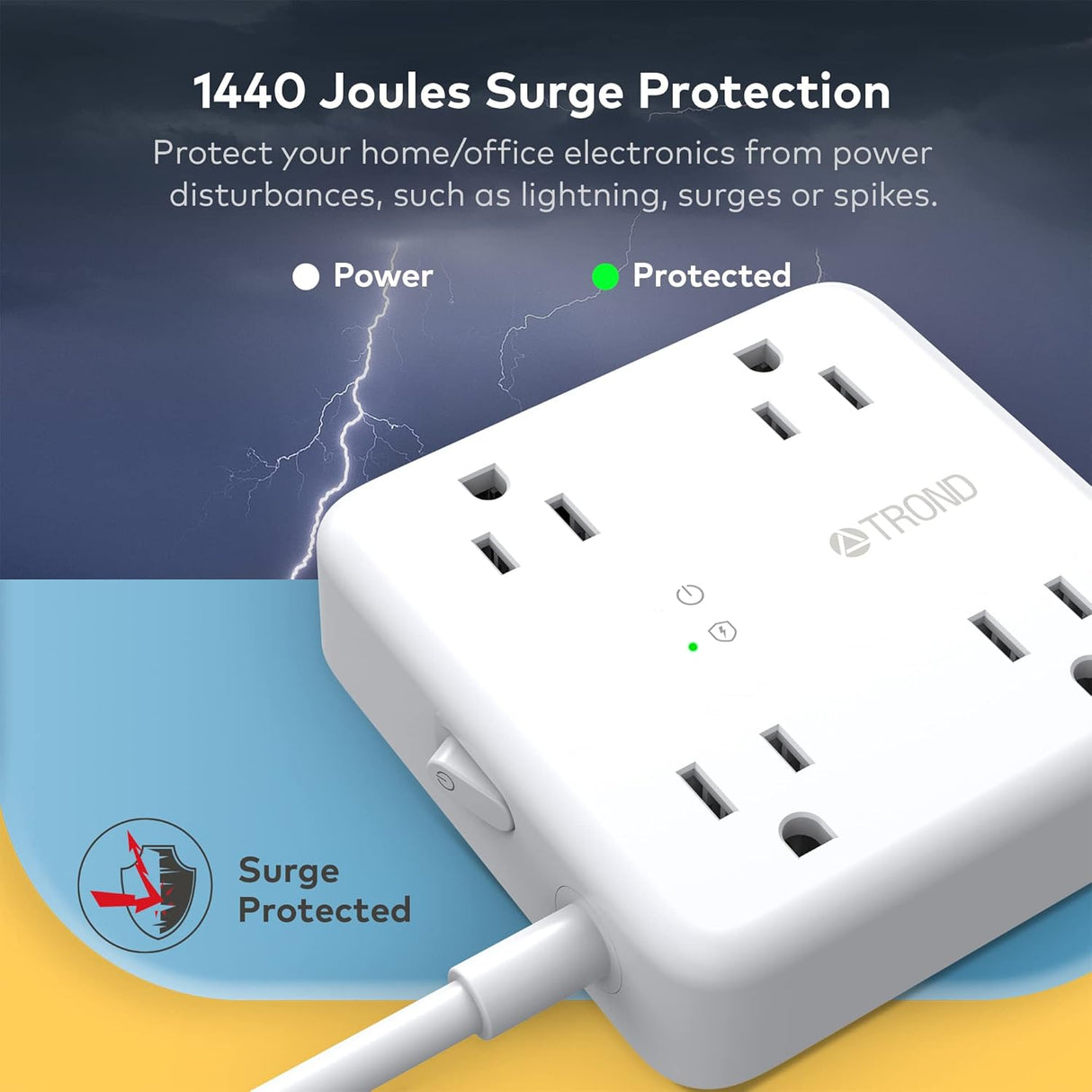 TROND Regleta protectora contra sobretensiones – Cable de extensión de enchufe plano ultrafino de 5 pies con 4 puertos USB (1 cargador USB C), 4 tomas de corriente ampliamente espaciadas, compacto y