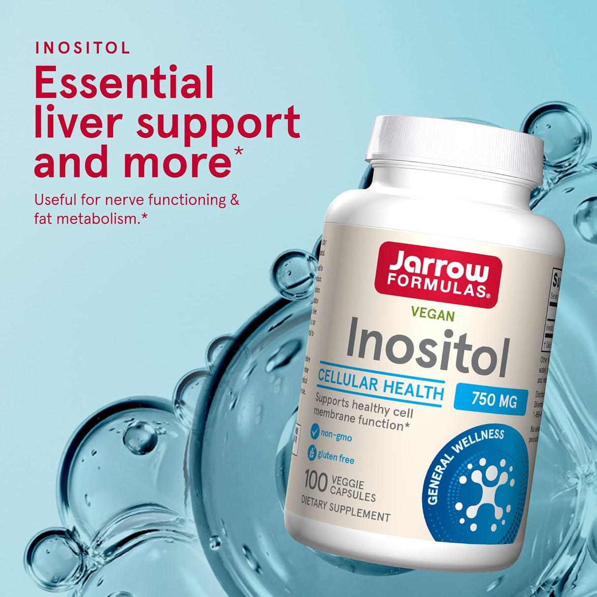 Jarrow Formulas Inositol 750 mg - 100 cápsulas vegetales - Apoyo hepático - Útil para el funcionamiento nervioso y el metabolismo de la grasa - 100 porciones