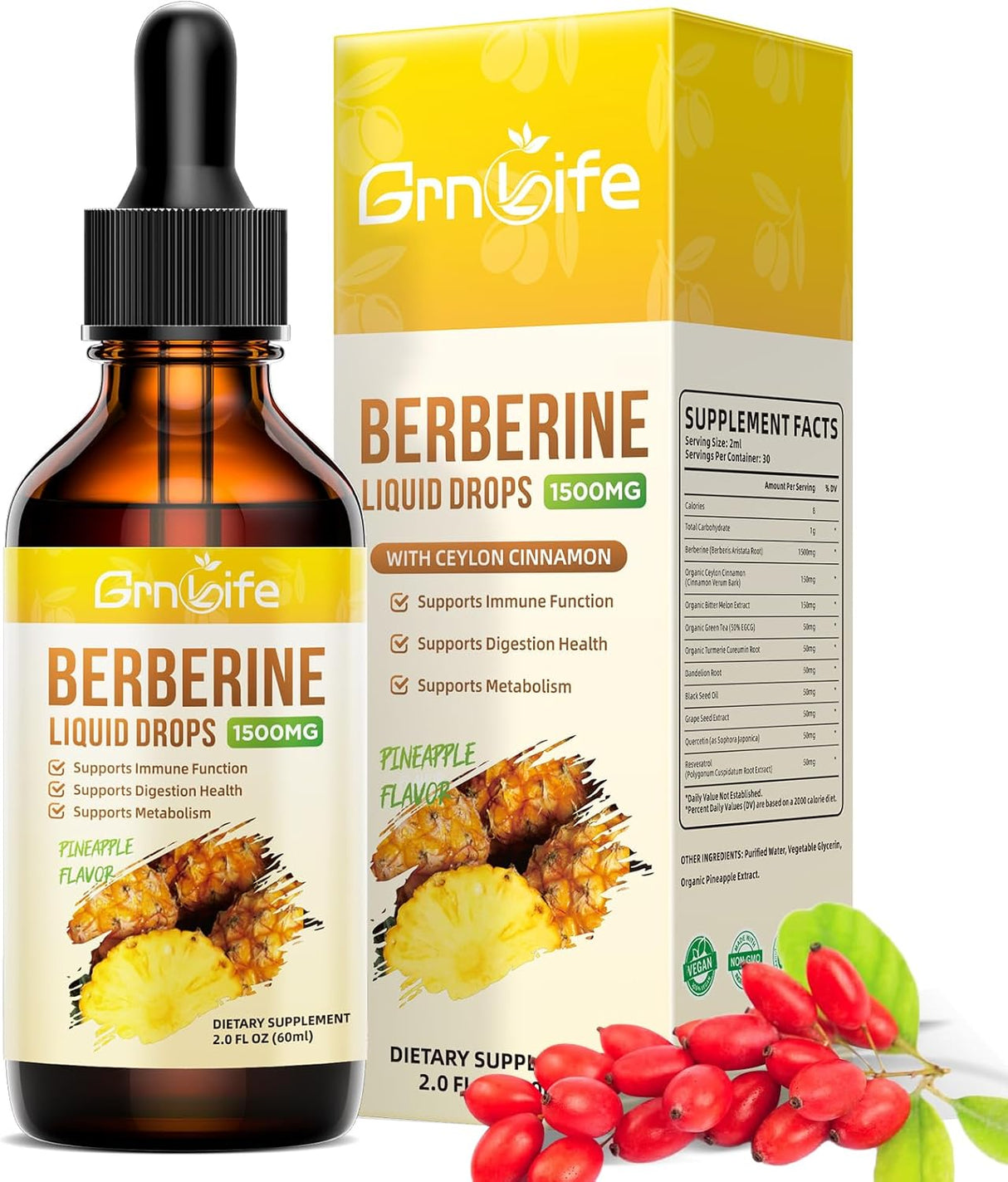 Suplemento de Berberina Orgánica 1500mg con Canela, Melón, 2oz