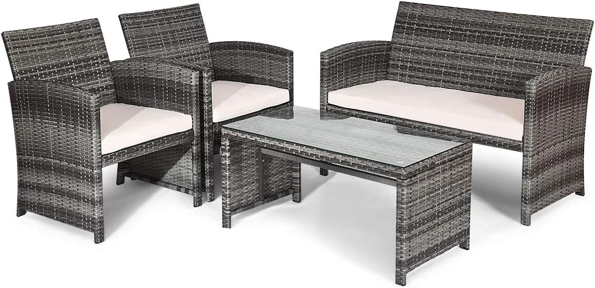 Goplus Juego de muebles de ratán para patio, 4 piezas, sofá y mesa de mimbre para exteriores con cojines suaves y mesa de centro de vidrio templado para balcón, jardín, patio trasero (beige (mimbre de color mixto))