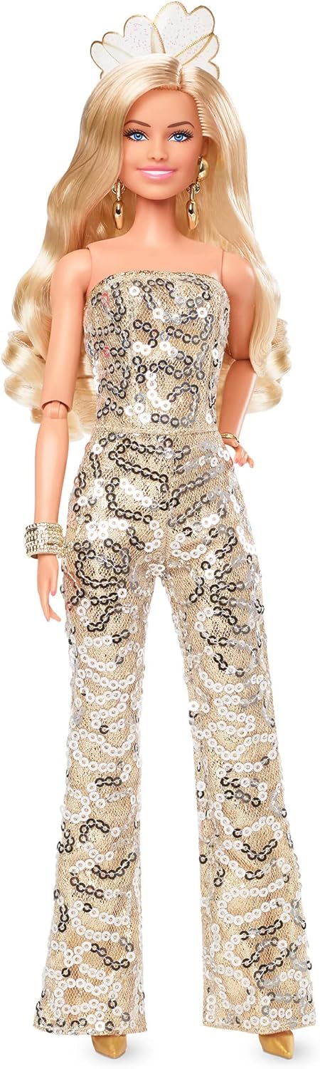 Muñeca Barbie Margot Robbie en mono de lentejuelas doradas HPJ99