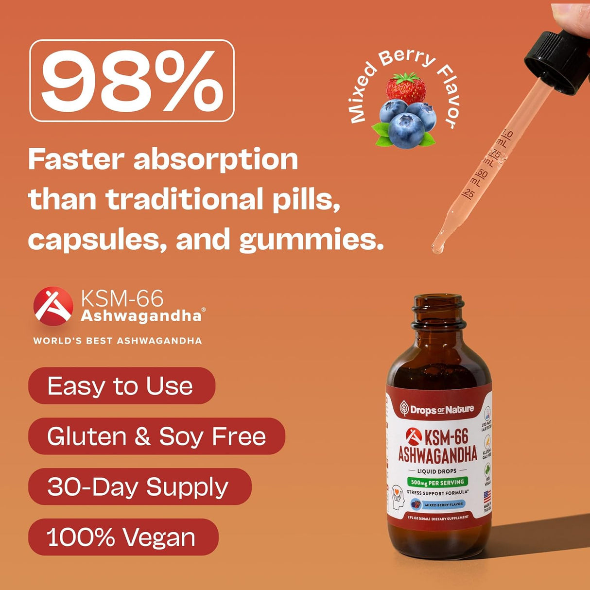 Suplemento ashwagandha KSM 66 líquido vegano, 60ml