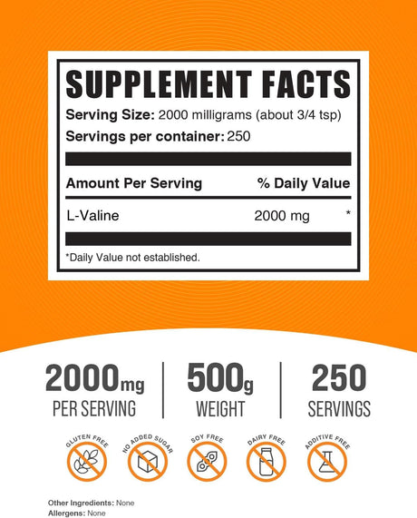 L-Valina en Polvo de BulkSupplements, BCAA, Sin Gluten 500g