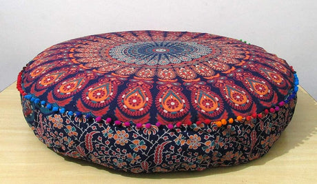 ICC Large Hippie Mandala Round Floor Pillow Cover Ottoman Pouf Cover Daybed Oversized Cotton Cushion Cover with Heavy Duty Zipper Seating Ottoman Poufs Dog-Pets Bed (Multi Peacock, 35&#34; Round)