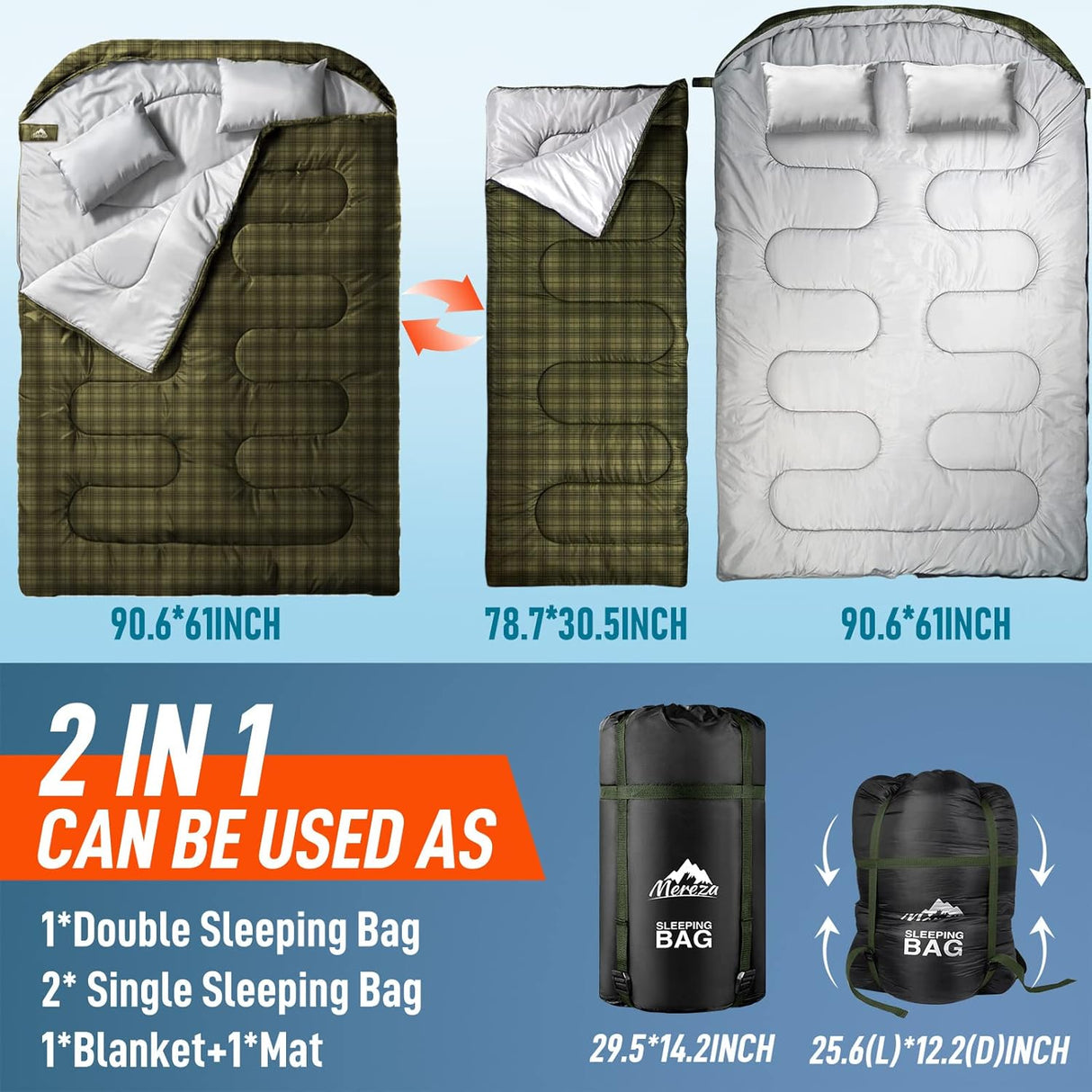 Saco de dormir doble XL tamaño Queen para acampar