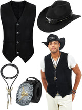 Conjunto Vaquero Hombre Suede Leather: Chaleco, Sombrero, Corbata