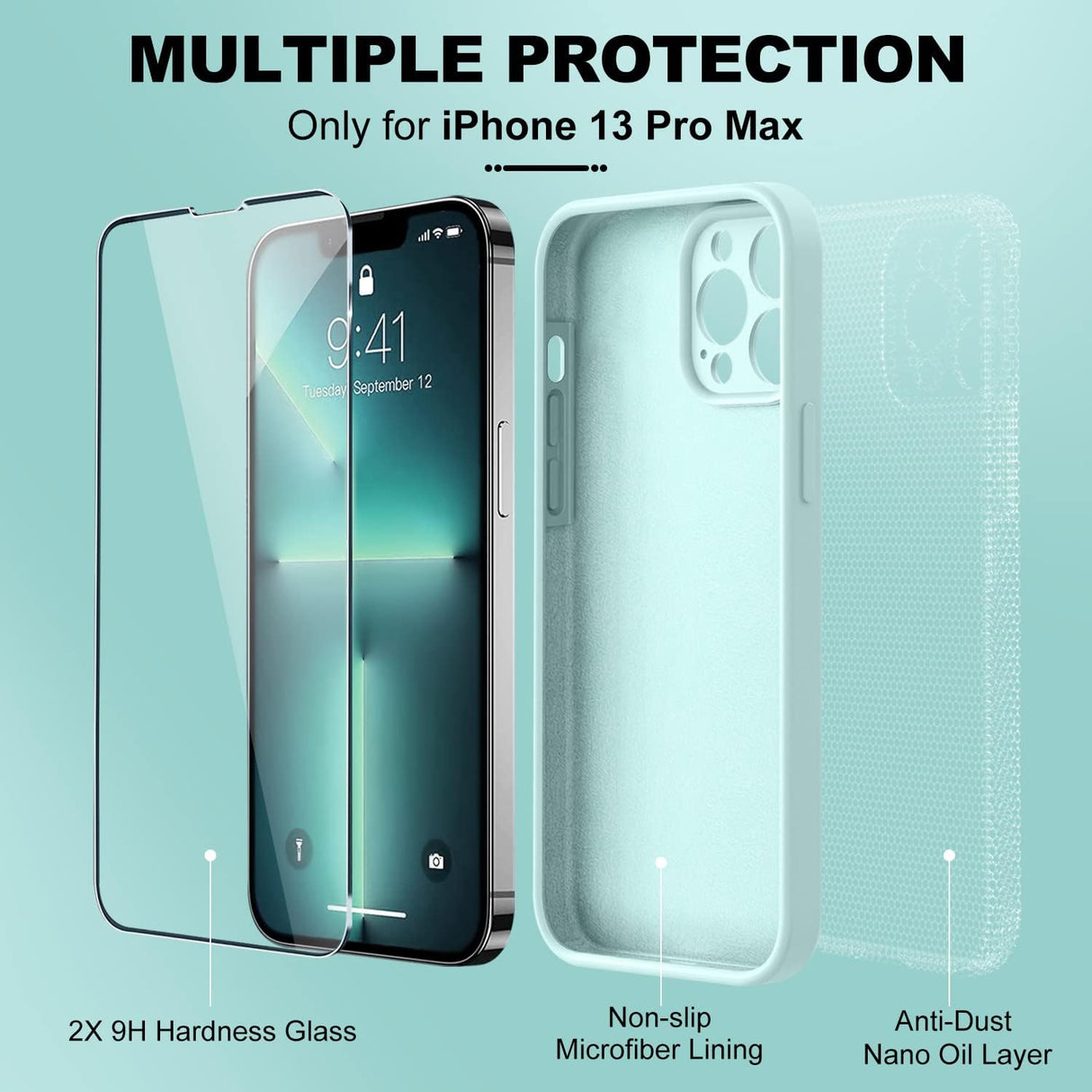 BossKiss Funda compatible con iPhone 13 Pro Max, funda de silicona líquida de alta calidad [tacto aterciopelado] [2 protectores de pantalla de vidrio templado 9H], funda de kit de protección completa a prueba de golpes, color menta