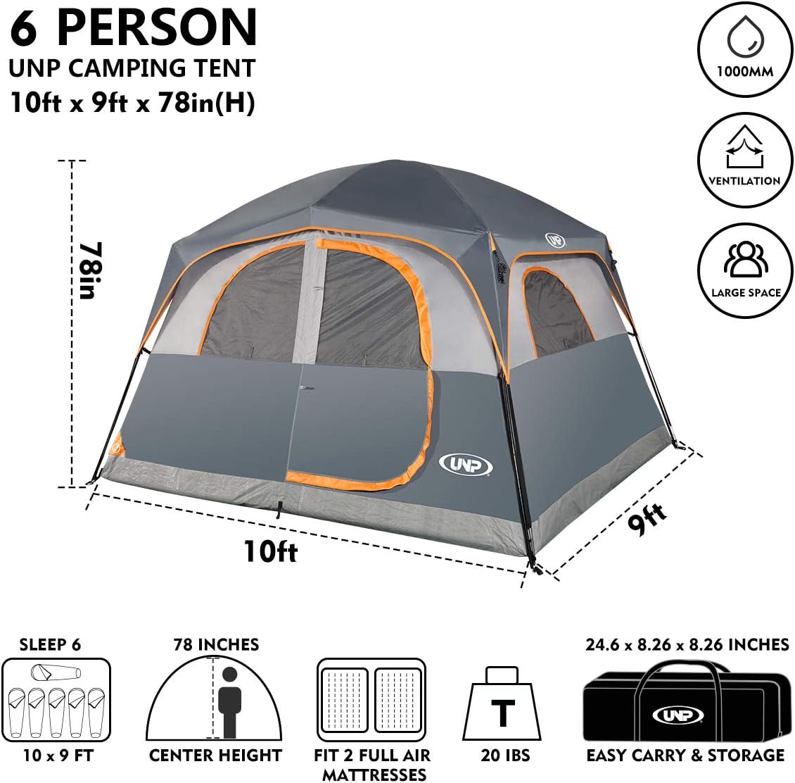 Tienda UNP Carpa 6 Personas Impermeable y Resistente al Viento