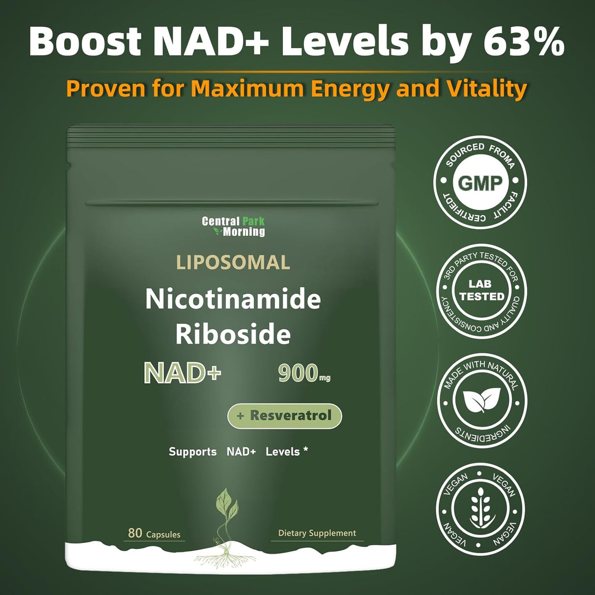 Suplemento NAD+, Nicotinamida Ribósido 900mg, 80 Cápsulas