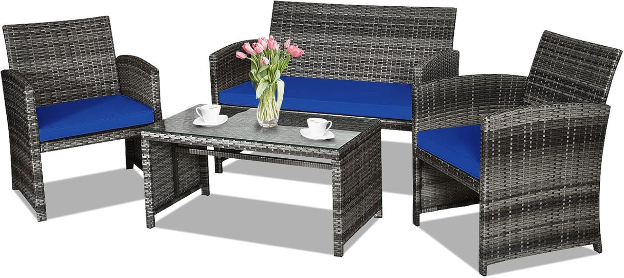 Goplus Juego de muebles de ratán de 4 piezas, sofá de conversación de mimbre para exteriores con cojines resistentes a la intemperie y mesa de vidrio templado para césped, patio, piscina, jardín (azul)