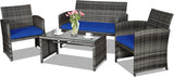 Goplus Juego de muebles de ratán de 4 piezas, sofá de conversación de mimbre para exteriores con cojines resistentes a la intemperie y mesa de vidrio templado para césped, patio, piscina, jardín (azul)